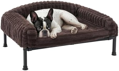 Veehoo Elevated Dog Bed with Bolster Cushion, Fluffy Plush Dog Couch Beds for Small Dogs, Cats, Washable Raised Pet Cot with Non-Slip Feet for Indoor or Patios Use, 24 x 18 Inches, Brown by Veehoo