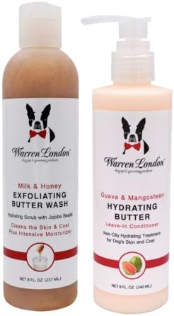 Warren London 8oz Butter Combo - Premium Dog Shampoo & Conditioner - Exfoliating Wash with Fragrant Leave in Conditioner - Detangler and Coat Moisturizer - Milk & Honey w/Guava & Mango by WarrenLondon