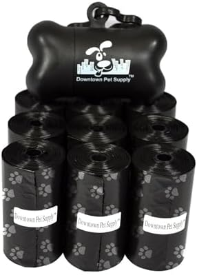 Downtown Pet Supply Poop Bags for Dogs with Dispenser, 220 Count - Leak-Proof Dog Waste Bags and Bone-Shaped Dog Poop Bags Holder for Leash - Black with Paw Prints, 12.5" x 8.5" by DowntownPetSupply