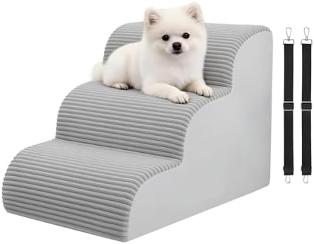 Dog Stairs for Couch and Chair,15.7" H 3-Step Pet Steps for Small Dogs and Cats, Non-Slip Sturdy Dog Ramp with Anti-Tip Safety Strap and Washable Cover,Balanced Ramp Indoor Pet Stairs by KASBAH