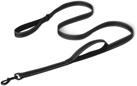 Amazon Basics Dog Leash, 6ft with 2 Comfortable Dual Padded Handles for Traffic Control, Highly Reflective Leashes for Large & Medium Dogs, Night Safety, Easy Snap Hook, Black by AmazonBasics