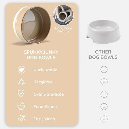 SPUNKYJUNKY Ceramic Dog and Cat Bowl Set with Wooden Stand, Modern Cute Weighted Food Water Bowl Set for Small Size Dogs (1.7 Cups, 2 × Pattern Brown) - Image 7