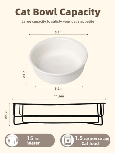 GDCZ Elevated 15 Oz Ceramic Double Cat Bowls with 11.6x2.5 Inch Stand (White) - Image 2
