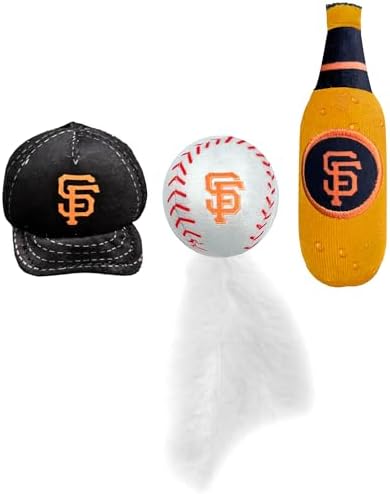 BEST PLUSH CAT TOY - MLB SAN FRANCISCO GIANTS Complete Set of 3 piece Cat Toys filled with Fresh Catnip. Includes: 1 Baseball Cap Cat Toy, 1 Baseball Cat Toy with Feathers & 1 Beer Bottle. Team LOGO - Image 4