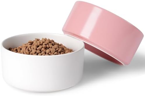 Dog Bowls, Non Slip Ceramic Dog Food and Water Bowl with Silicone Base, Heavy Pet Feeding Bowl for Puppies, Small and Medium Dogs (White+Pink, 6 Inches) by Kitwinney