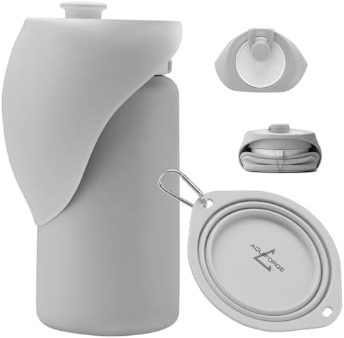 Dog Water Bottle and Collapsible Bowl Set, 18.6 oz/550ml Leakproof Silicone Portable Pet Travel Water Bottle for Walking, Hiking and Camping, Light Grey by Aquiforge