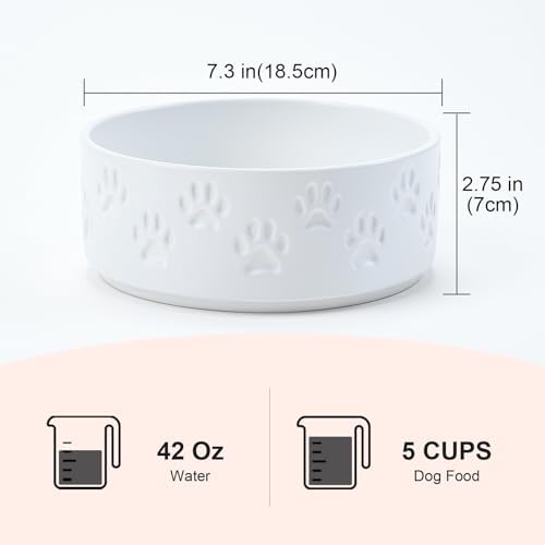 SPUNKYJUNKY Ceramic Dog Bowls 2 Pack, 7.3'' Dog Food Water Double Feeding Bowls Non-Slip for Medium to Large Sized Breed Microwave Dishwasher Safe - 42 OZ, 2pcs, Paw White - Image 2