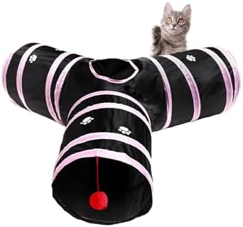 3 Way Cat Tunnel Collapsible Fun Pet Play Tube Toys for Cats, Kittens, Puppies & Rabbits - Portable Tunnel with Hanging Ball for Indoor Play, Hideout & Exercise by Bigladious