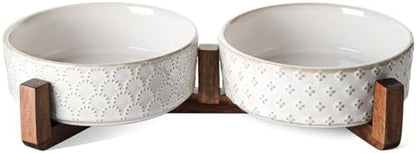 LE TAUCI Dog Bowl Set with Acacia Wood Stand - 1.8-Cup Ceramic Puppy Bowls for Small Dogs, Dual Food and Water Bowls with Weighted Non-Slip Base by LETAUCI