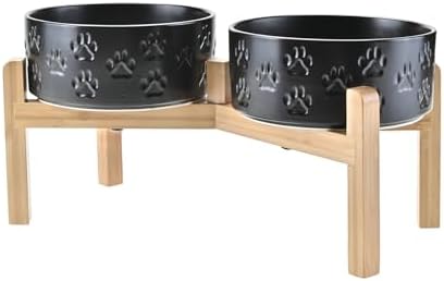 SPUNKYJUNKY Elevated Dog Bowls Ceramic, 7.3'' Dogs Food Water Bowls Raised with Non-Slip Bamboo Stand for Medium to Large Sized Breed Microwave Dishwasher Safe - 42 OZ,Paw Black by SPUNKYJUNKY