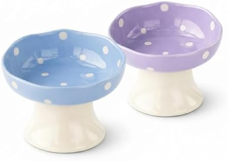 Elevated Ceramic Cat Bowls Set of 2, Mushroom Raised Wide & Shallow Cat Food and Water Bowls, Whisker Friendly Feeding Bowls for Cats & Small Dogs (Purple+Blue) by Unknown