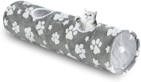 Straight Cat Tunnel for Indoor Cats 47"x12", Grey Paw by Yaning