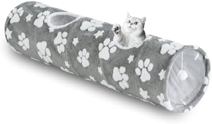 Straight Cat Tunnel for Indoor Cats 47"x12", Grey Paw by Yaning