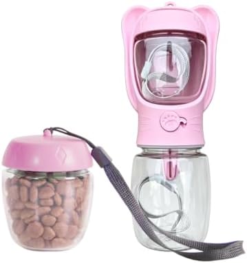 2 in 1 Dog Water Bottle with Food Container, Portable Leakproof Pet Water Dispenser & Bowl, Fits Dogs and Cats (Pink, Small) by Unknown