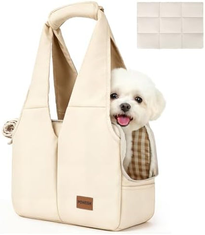 Dog Purse Carrier for Small Dogs and Cats, Soft-Sided Pet Tote Bag with 6 Large Pockets, Collapsible Travel Puppy Carrier with Small Cushion, Fits Pets up to 6 lbs (Beige, 13.6" L x 6.6" W x 10" H) by Unknown