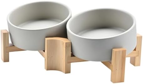 SPUNKYJUNKY 15° Slanted Ceramic Dog and Cat Bowl with Wooden Stand, Tilted Bulldog Food and Water Bowl No Slip Non-Spill for Cats Medium Dogs Big Face Pets 13.5 OZ (1.7 Cups, Grey × 2) by SPUNKYJUNKY