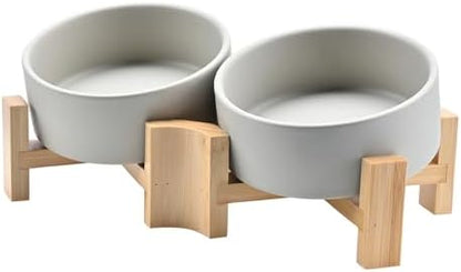 SPUNKYJUNKY 15° Slanted Ceramic Dog and Cat Bowl with Wooden Stand, Tilted Bulldog Food and Water Bowl No Slip Non-Spill for Cats Medium Dogs Big Face Pets 13.5 OZ (1.7 Cups, Grey × 2) by SPUNKYJUNKY