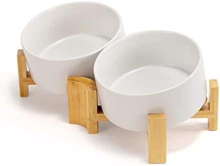 SPUNKYJUNKY 15° Slanted Ceramic Dog and Cat Bowl with Wooden Stand, Tilted Bulldog Food and Water Bowl No Slip Non-Spill for Cats Medium Dogs Big Face Pets 28.7 OZ (3.6 Cups, White × 2) by SPUNKYJUNKY