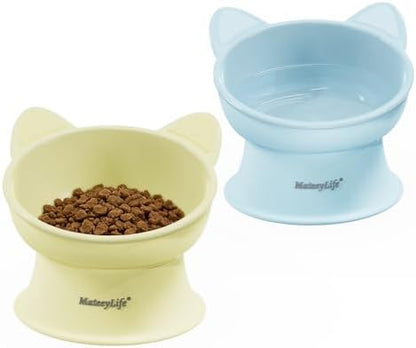 MateeyLife Elevated Cat Bowls, 2P Raised Food and Water Bowl Set for Indoor Cats & Small Dogs, Whisker Fatigue Cat Bowl, Anti Vomit Feeding Pet Bowls, 6 oz Each, Dishwasher Safe - Blue & Yellow by MateeyLife