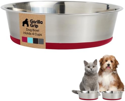 GORILLA GRIP Dog Bowl, Food Grade Stainless Steel Water Bowls, 4 Cup Red by GorillaGrip