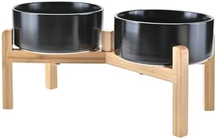 SPUNKYJUNKY Elevated Dog Bowls Ceramic, 7.3'' Dogs Food Water Bowls Raised with Non-Slip Bamboo Stand for Medium to Large Sized Breed Microwave Dishwasher Safe - 42 OZ,Black by SPUNKYJUNKY