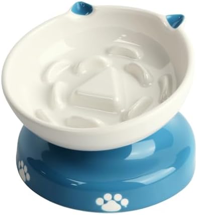 Y YHY Ceramic Slow Feeder Cat Bowl, Elevated Cat Bowl Tilted Design Slow Feeder for Dog and Cat for Dry and Wet Food, Blue by YYHY