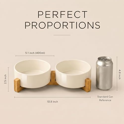 SPUNKYJUNKY Ceramic Dog and Cat Bowl Set with Wooden Stand, Modern Cute Weighted Food Water Set for Small Size Dogs (13.5OZ) & Medium Sized Dogs (28.7OZ) & Cats (1.7 Cups, 2 × Beige) - Image 5