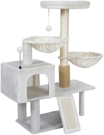 Smouatou Cat Tree with Cat Condo and Two Hammocks, Cat Tower with Scratching Posts and Scratching Pads Cat Toys, Beige - Image 2