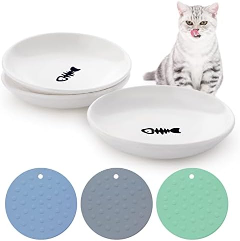 3 Ceramic Cat Plates with Non-Slip Mat, Wide Shallow Bowls for Wet/Dry Food by Dorakitten