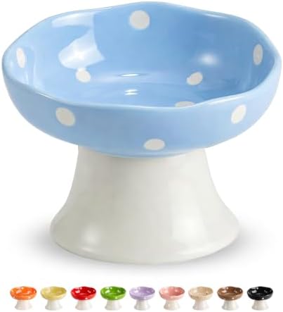 Blue Mushroom Cat Bowl, Elevated Ceramic Bowl for Cats by Trundisan