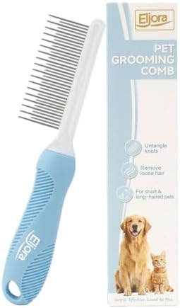 Pet Grooming & Dematting Comb – Stainless Steel Teeth, Non-Slip Grip, Removes Mats & Tangles, Gentle Deshedding Tool for Long & Short Hair Dogs & Cats by ELJORA
