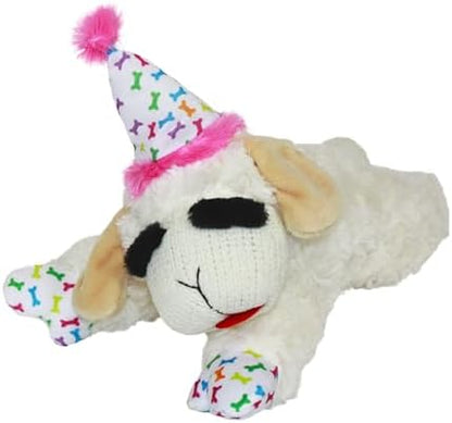 Multipet Lamb Chop Dog Plush Toy w/Birthday Hat - Squeaky Toy for All Dogs - Soft Plush - Stuffed Animal Dog Toys for Playing - Cute Birthday Toy (10.5”, Pink Hat, 5 Squeakers) by Multipet