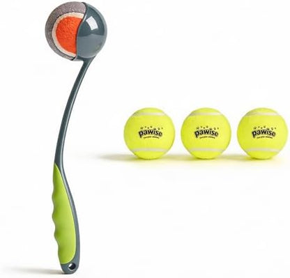 PAWISE Dog Ball Launcher for Small & Medium Dogs, 12.2" Dogs Fetch Toy with Tennis Ball + 3-Pack Squeaky Tennis Balls, Portable Hands-Free Pick-Up Thrower for Indoor & Outdoor Play by PAWISE