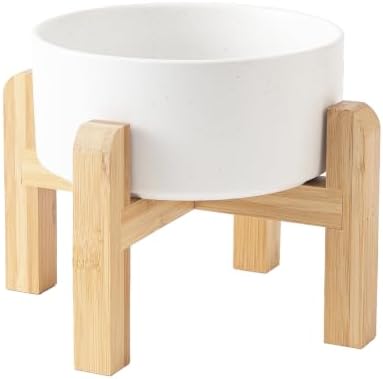 6'' Ceramic Raised Dog Bowl - 30Oz Dog Food & Water Bowl with Elevated Non-Slip Bamboo Stand, Anti Vomiting Heavy Duty Pet Bowl for Small and Medium Dogs, Speckled White by Welloyed