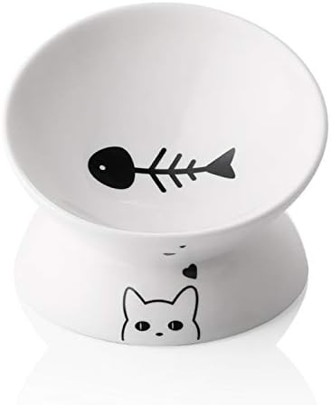 Sweejar Ceramic Raised Cat Bowls, Slanted Cat Dish Food or Water Bowls, Elevated Porcelain Pet Feeder Bowl Protect Cat's Spine, Stress Free, Backflow Prevention (White) by Sweejarco1949