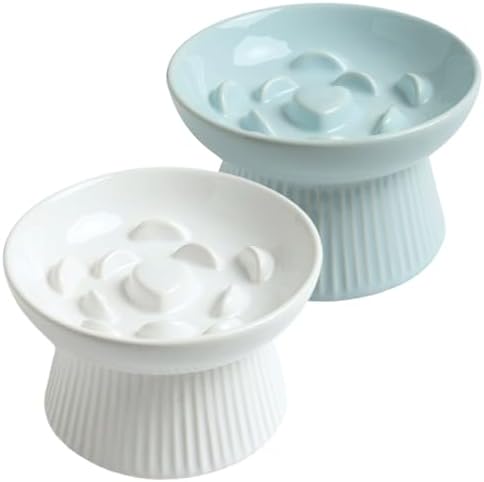 2 Pack Ceramic Slow Feeder Cat Bowl, Raised Puzzle Feeder, Anti-Vomiting, Elevated Food Bowl, Whisker Friendly (White, Blue) by LeServeta