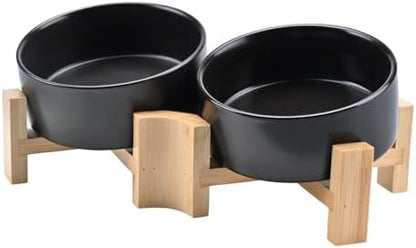 SPUNKYJUNKY 15° Slanted Ceramic Dog and Cat Bowl with Wooden Stand, Tilted Bulldog Food and Water Bowl No Slip Non-Spill for Cats Medium Dogs Big Face Pets 13.5 OZ (1.7 Cups, Black × 2) by SPUNKYJUNKY