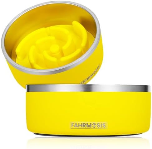 FAHRMOSIS 32 Oz Dog Bowl with Slow Feeder Insert Stainless Steel Pet Water Bowl for Medium & Large Breed Non Slip Rubber Base & Plastic Puzzle Feeder - Yellow by Fahrmosis