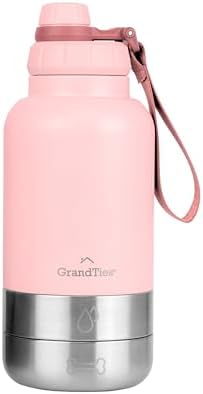 GrandTies Insulated Portable Dog Water Bottle with 2 Detachabl Water Bowl Dispenser | Leak-Proof Pet Food Travel Container | Dog Accessories for Walking, Hiking, Camping (32oz, Peach Creme) by GrandTies