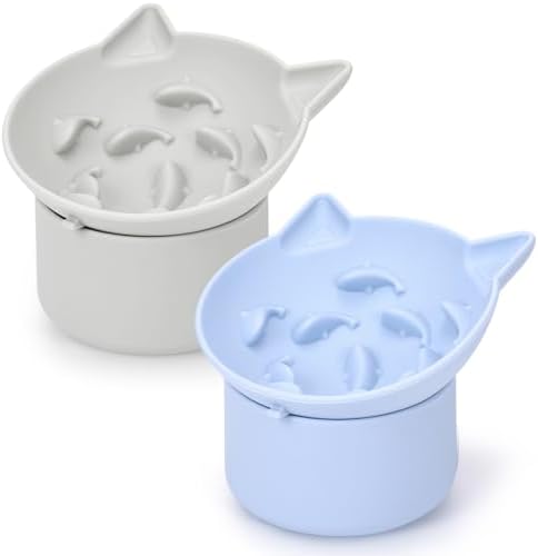 Funnymoom 2 Pack Silicone Cat Slow Feeder, Elevated Slow Feeder Cat Bowl for Dry and Wet Food, Tilted Design with Non Slip Base, Adjustable Angle for Pet(Gray and Blue) by Funnymoom