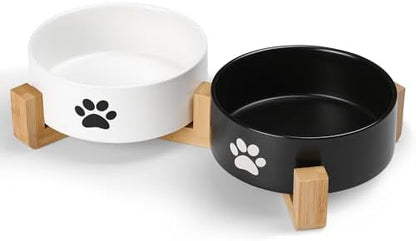 Dog Bowls, Non Slip Heavy Ceramic Dog Food and Water Bowl, Pet Feeding Bowl for Cats, Puppies and Small Dogs (2 Bowls+ 1 Stand-Black and White, 5.1 Inches) by Kitwinney