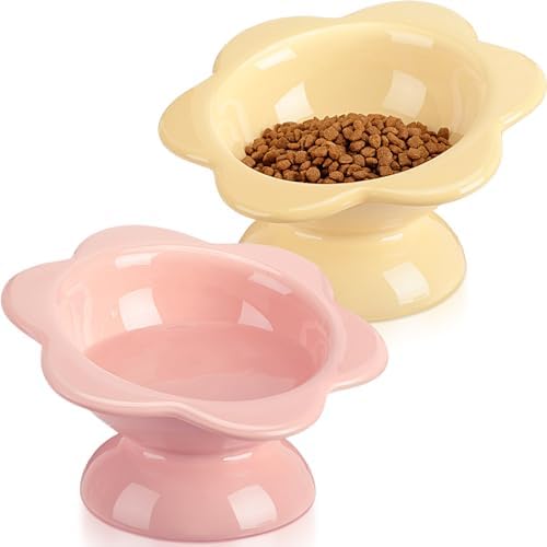 Hushee 2 Pcs Ceramic Raised Cat Bowls 7 oz Flower Shaped Cat Food Dish Stress Free on Neck and Spine Dishwasher Safe Feeding Bowls for Small Kitten by Hushee
