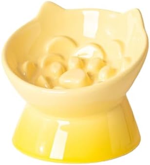 Macarons Series Ceramic Slow Feeder Cat Bowl, Raised Puzzle Feeder, Anti Vomiting Cat Slow Feeding, Elevated Food Bowl, Whisker Friendly Pet Bowl with Cute Ear Design (Gradient Yellow) by LeServeta