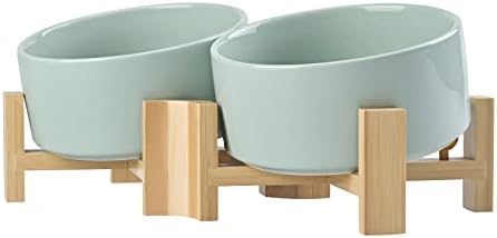 SPUNKYJUNKY 15° Slanted Ceramic Dog and Cat Bowl with Wooden Stand, Tilted Bulldog Food and Water Bowl No Slip Non-Spill for Cats Medium Dogs Big Face Pets 28.7 OZ (3.6 Cups, Morandi Green × 2) by SPUNKYJUNKY