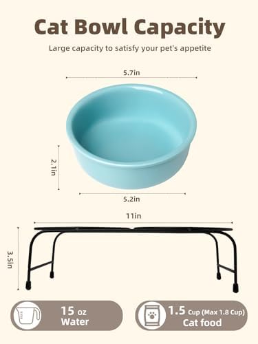 GDCZ Elevated 15 Oz Ceramic Double Cat Bowls with 11x3.5 Inch Stand (Turquoise) - Image 2