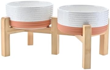 SPUNKYJUNKY Elevated Dog Bowls Ceramic, 6.1'' Dogs and Cat Food Water Bowls Raised with Non-Slip Bamboo Stand for Medium Sized Breed Microwave Dishwasher Safe - 28.7 OZ,Pattern White by SPUNKYJUNKY