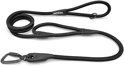 Rope Dog Leash with Two Handles, 6 Foot Heavy Duty Dog Leash with Aviation Aluminum Auto Locking Carabiner, Strong Nylon Pet Lead for Small, Medium, Large Dogs (Black, 6FT-Two Handle) by MORXIL