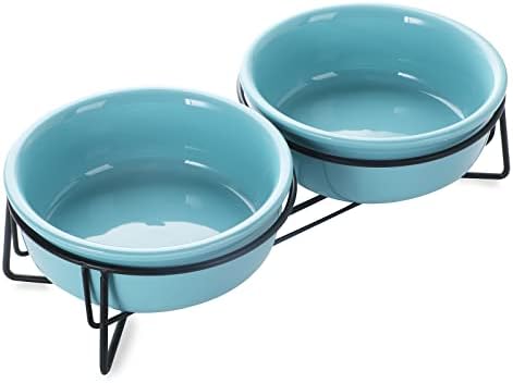 GDCZ Elevated Cat Bowl Stand, 11.6 in Metal Stand with 2 Removable 15 OZ Ceramic Bowls for Pet Food and Water, Stand Reduces Cat Neck Burden, Turquoise by GDCZ