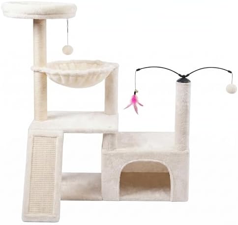 YUNIQUE Multi-Functional Cat Tree Tower, Big Cat Condo with Scratching Board, Rotating Toy & Deep Hammock, Luxury Perch Kitty Furniture for Indoor Cats (White) - Image 2