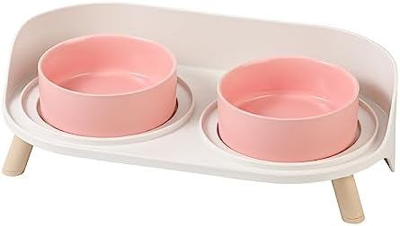 Raised Cat Food and Water Bowl Set - Elevated Ceramic Dishes with Non-Slip Stand and Splash Guard for Small Dogs - 2 x 320 ML (4.9 OZ) - Pink by AHX